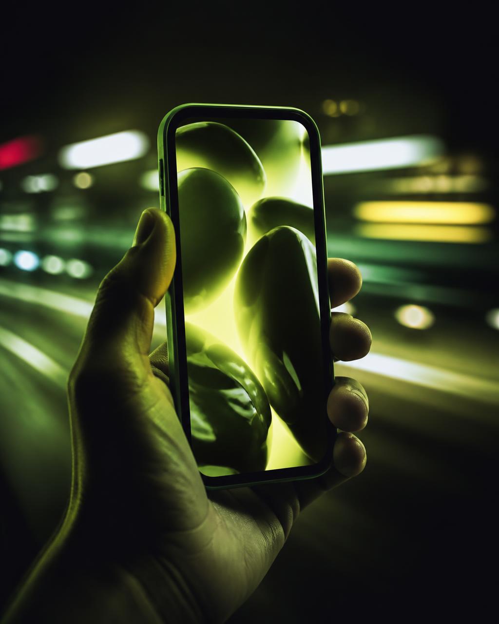 A hand holding a phone, mid-question